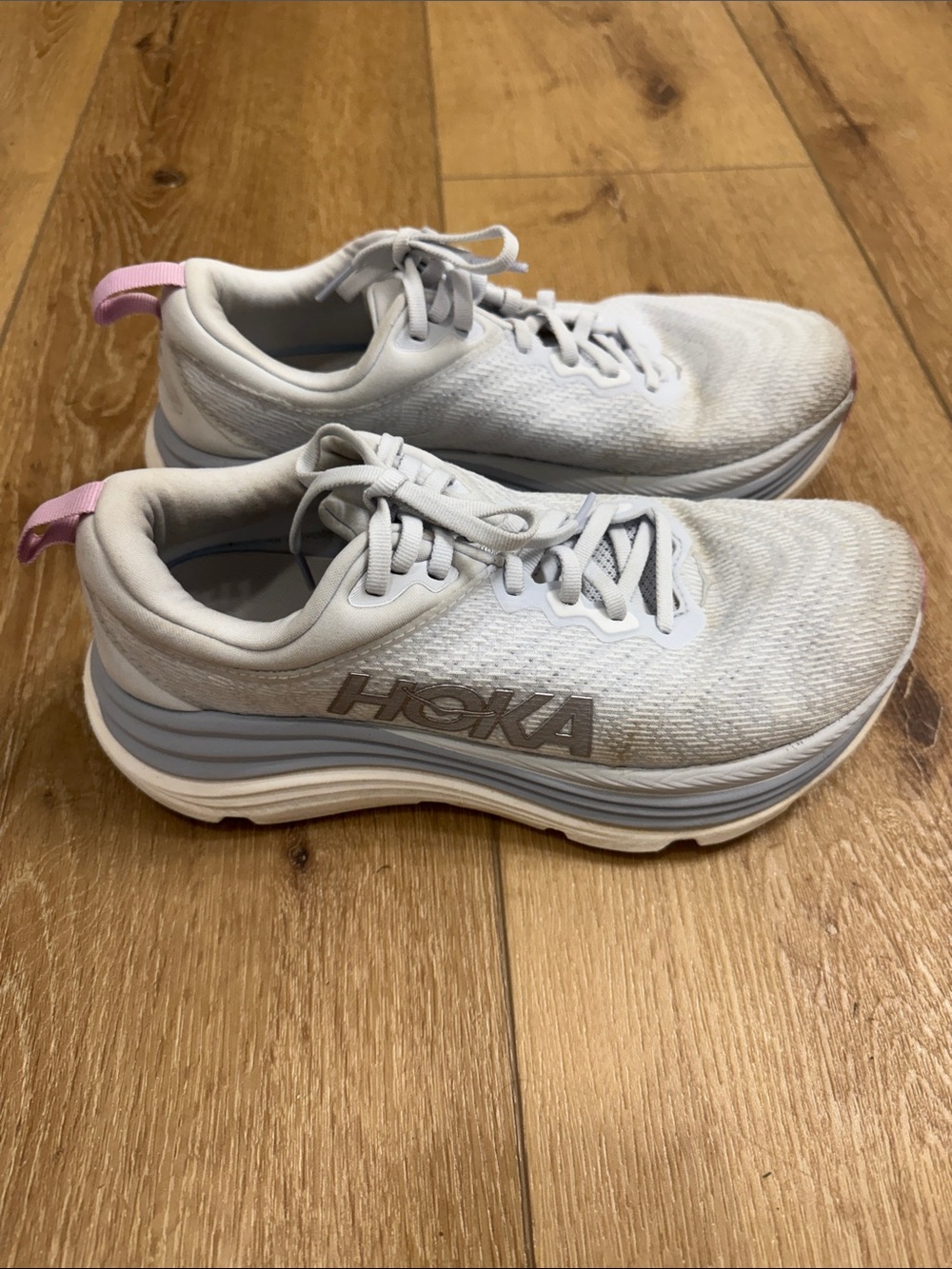 Hoka Women's Light Gray and Pink Athletic Running Shoes